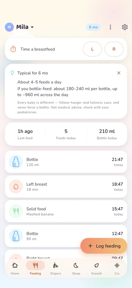 Bunavi feeding tab: breastfeeding timer with left and right buttons, feeding guidance and today's feed log