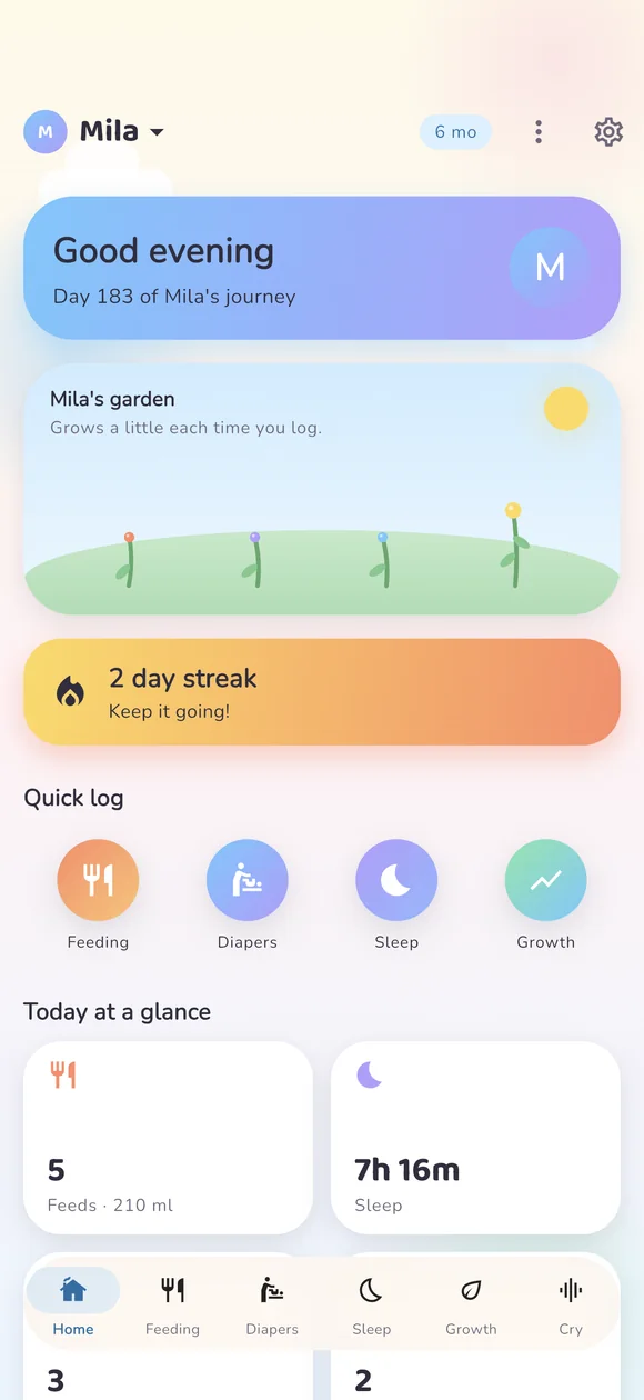 Bunavi home screen: Mila's day at a glance with a growing garden, quick log buttons and today's feeds and sleep