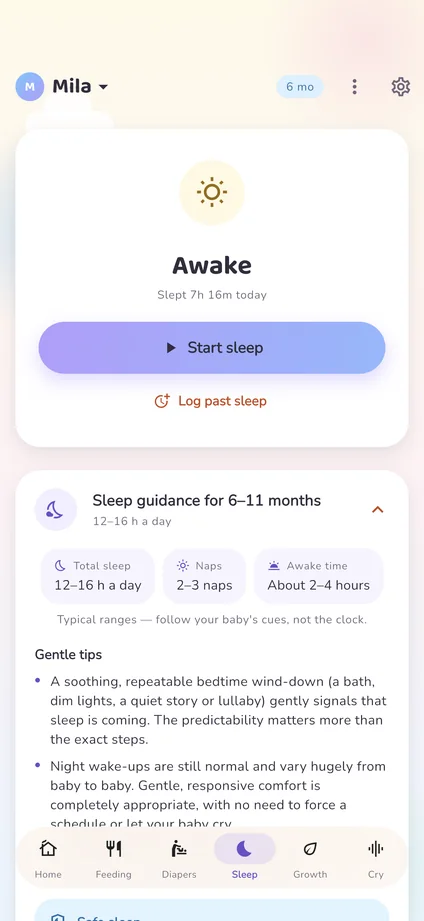 Bunavi sleep tab: Awake card with a start-sleep button and gentle age-based sleep guidance